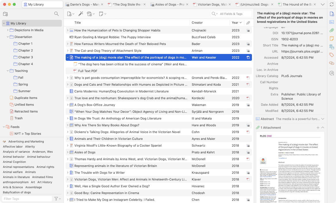 Zotero library window showing collections, item list, and metadata pane